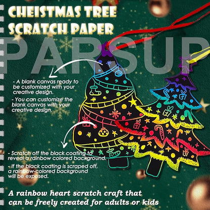 96Pcs Christmas Tree Scratch Paper Rainbow Color Scratch Ornaments Christmas Decorations Hanging Craft Art Kits with Wooden Stick and Ribbon for Kids Christmas Winter Party Favors