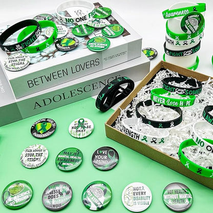 Cinrobiye 60 Pcs Mental Health Awareness Accessories Bulk Include 30 Green Ribbon Bracelets and 30 Button Badges Mental Health Awareness Month Gifts for Teens Adults Party Favors(Green)