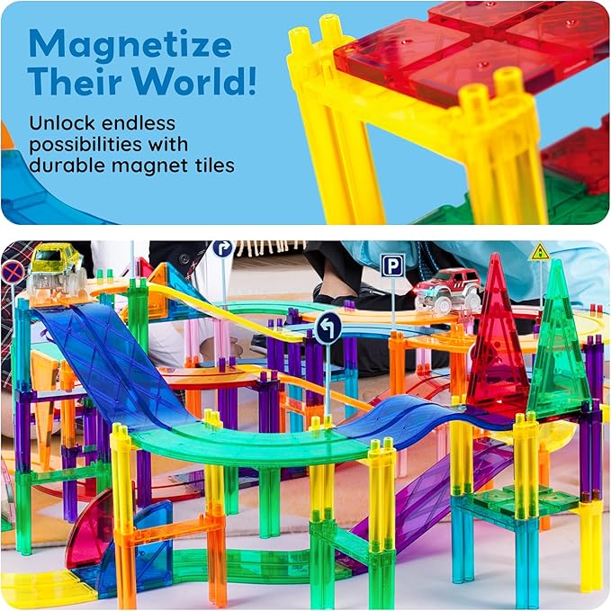 PicassoTiles 128 Piece Race Car Track Building Block Educational Toy Set Magnetic Tiles Magnet Playset 3 LED Car STEM Learning Construction Kit Hand-Eye Fine Motor Skill Training Brain Development