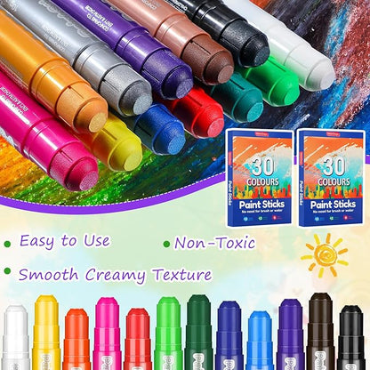 60 Pcs Tempera Paint Sticks 30 Colors Kids Washable Paint Safe Quick Drying Paint Crayons Children Arts and Craft Toddler Art Supplies for Paper Wood Glass Rock Poster Canvas