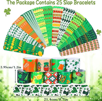 JUNEBRUSHS 50Pcs St Patricks Day Party Favors Slap Bracelets Rubber Bracelets, Assorted Silicone Wristbands Snap Bracelets for Kids St Patricks Day Classroom Gifts St Patricks Day Goodie Bag Stuffers