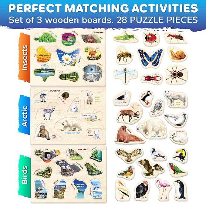 QUOKKA Wooden Puzzles for Toddlers – 3xSET Toddler Puzzles AES – Montessori Insects Toy Puzzles for Toddlers – Wood Toy Learning Realistic Insects, Arctic Animals, Birds for Boy and Girl