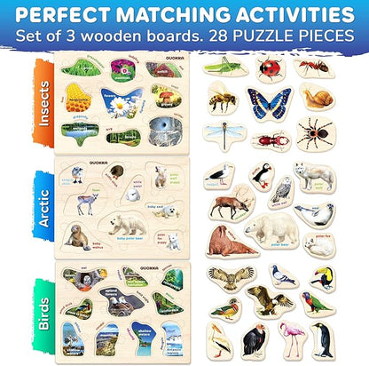 QUOKKA Wooden Puzzles for Toddlers 1-3 – 3xSET Kids Puzzles Ages 2-4 – Montessori Toy Puzzles for Toddlers 3-5 – Wood Toy Learning Realistic Insects - Arctic Animals - Birds for Boy and Girl