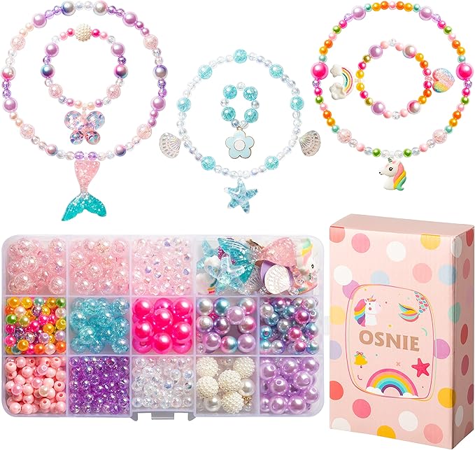OSNIE Kids DIY Bead Jewelry Making Kit with 400+ Beads & Charms for Creative Bracelets Necklaces Rings, Children Mermaid Starfish Shell Princess Necklace Bracelets Making Art Craft Bead Kit for Girls