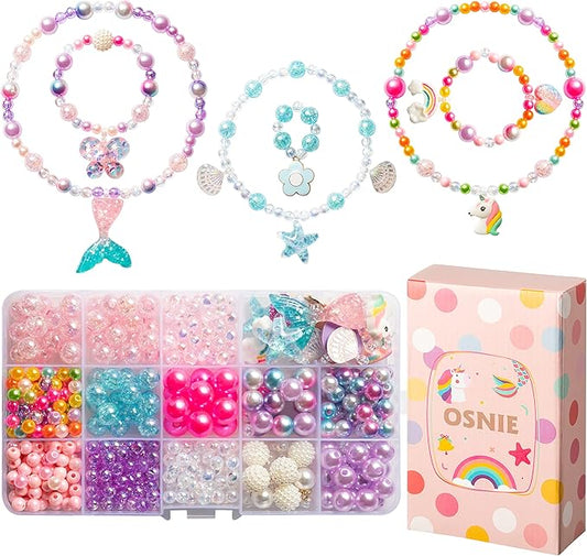 OSNIE Kids DIY Bead Jewelry Making Kit with 400+ Beads & Charms for Creative Bracelets Necklaces Rings, Children Mermaid Starfish Shell Princess Necklace Bracelets Making Art Craft Bead Kit for Girls