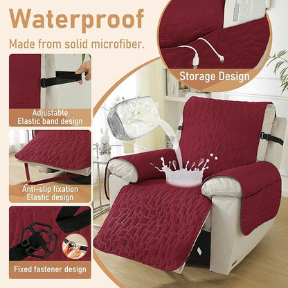100% Waterproof Recliner Chair Covers for Reclining Chair, Small Recliner Covers That Stay in Place, Non-Slip Recliner Armchair Cover with Pockets for Kids, Pets, Dogs, Cat, Washable,Red,28IN