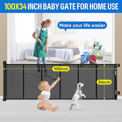 34X100” Extra Wide Safety Retractable Baby Gate, Extra Wide Safety Kids or Pets Gate, 34” Tall, Extends to 100” Extra Wide, Built-in Reinforce Strip Mesh Safety Dog Gate for Stairs (34”X100”, Black)