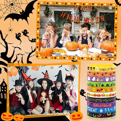 JUNEBRUSHS 120pcs Halloween Party Favors Silicone Bracelets Rubber Wristbands for Halloween Trick or Treat Party Kids Goodie Bag Stuffers Fillers Decorations Accessories Supplies(10 Designs)