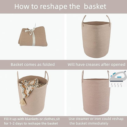 XUANGUO Cotton Rope Laundry Basket Hamper for Clothes Woven Storage Basket for Living Room Bedroom Boho Tall Rope Baskets for Blanket Toys Pillow Towels Baby Nursery Hamper Bin Konjac