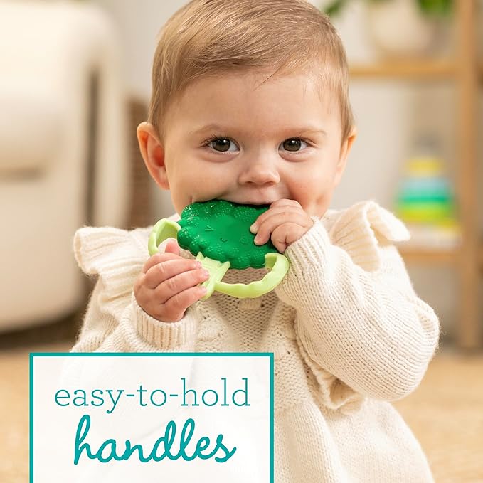 Infantino Lil' Nibbles Textured Silicone Baby Teether - Sensory Exploration and Teething Relief with Easy to Hold Handles, Green Broccoli, 0+ Months
