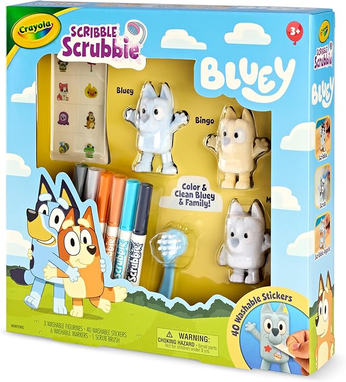 Crayola Scribble Scrubbies Deluxe Bluey Playset (3ct), Toddler Arts & Crafts Kit, Washable Stickers, Bluey Toys, Gift for Girls & Boys, Ages 3+