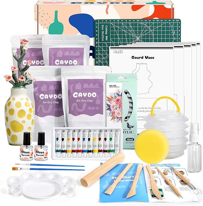 Caydo Air Dry Clay Pottery Kit for Beginners and Adults - 4.4 Lbs Air Dry Clay DIY Craft Set with Tools, Acrylic Paints, Varnish, Clay Stick, Paintbrushes and Step-by-Step Guide - Ideal Pottery Gift