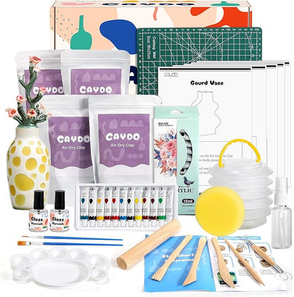 Caydo Air Dry Clay Pottery Kit for Beginners and Adults - 4.4 Lbs Air Dry Clay DIY Craft Set with Tools, Acrylic Paints, Varnish, Clay Stick, Paintbrushes and Step-by-Step Guide - Ideal Pottery Gift
