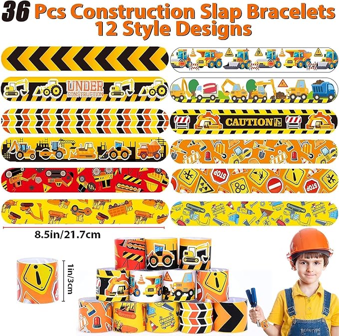 86 Pcs Construction Party Favors 36PCS Construction vehicles Slap Bracelets Wristband 50PCS Construction Vinyl Stickers for Kids Boys Construction Theme Birthday Party Goodie Bag Fillers