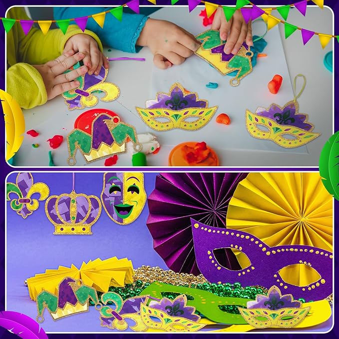 24 Sets Mardi Gras Craft Kits Tissue Paper DIY Crown Mask Fleur De Lis Hanging Ornaments Purple Green Yellow Glitter Art Decoration for Mardi Gras Masquerade Carnival Party Decoration