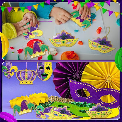 24 Sets Mardi Gras Craft Kits Tissue Paper DIY Crown Mask Fleur De Lis Hanging Ornaments Purple Green Yellow Glitter Art Decoration for Mardi Gras Masquerade Carnival Party Decoration