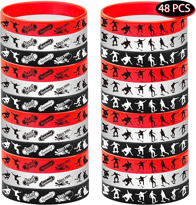 48PCS Skateboard Rubber Bracelets Silicone Wristbands -Sport Party Supplies Skateboarding/Freedom/Innovation/Extreme Sports Birthday Baby Shower Party Favors