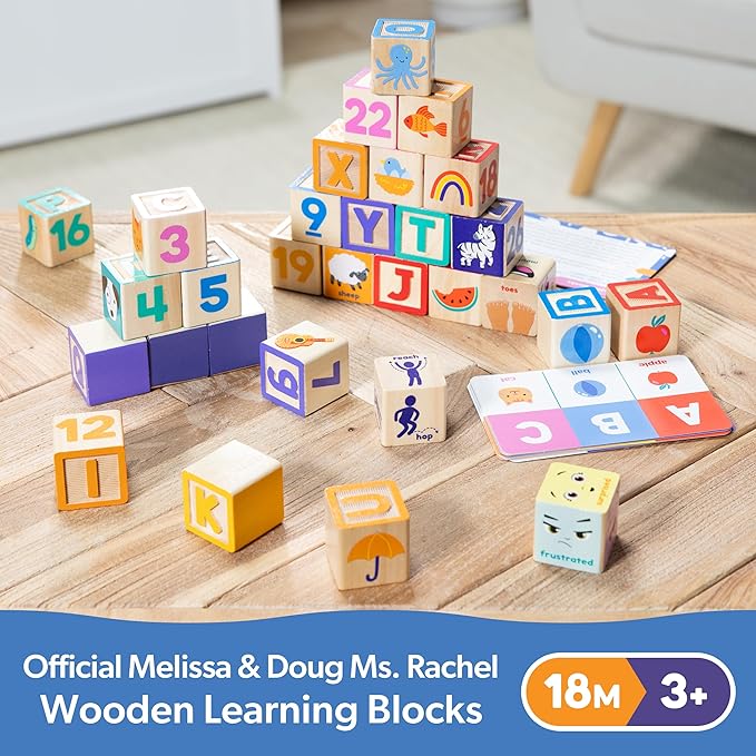 Ms. Rachel Melissa & Doug Letter, Number, and Game Wooden Learning Blocks with Activity Cards for Girls and Boys Toddlers Ages 18 Months+ - FSC-Certified