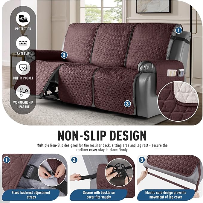 TAOCOCO 100% Waterproof Recliner Sofa Cover-Non Slip Split Couch Covers for Reclining Couches with Elastic Straps,Couch Covers for 3 Cushion Couch Sofa Pet Friendly(Coffee, 3 Seater)