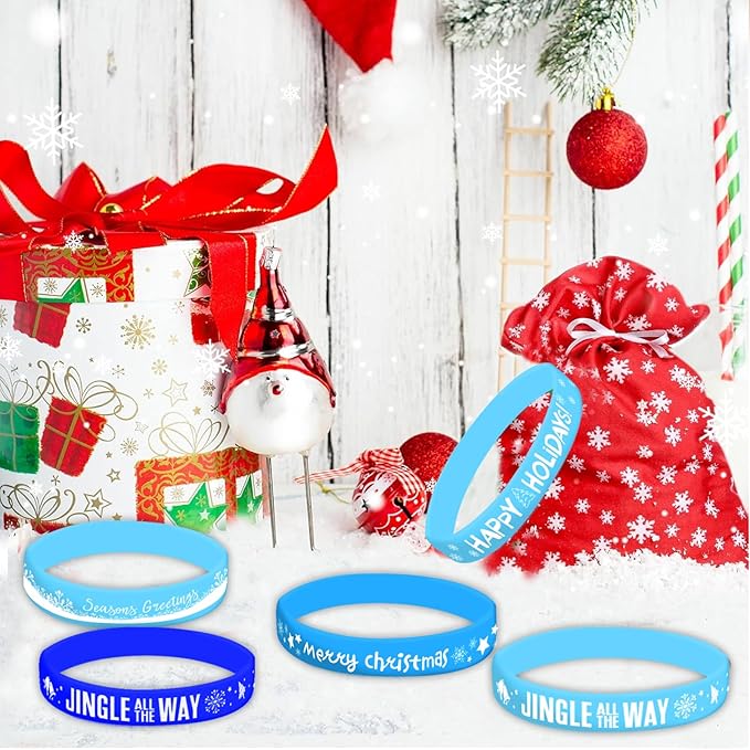 Morcheiong 42 Pieces Christmas Rubber Bracelets 7 Classic Design Silicone Wristbands for Merry Xmas Party Favors (Blue)