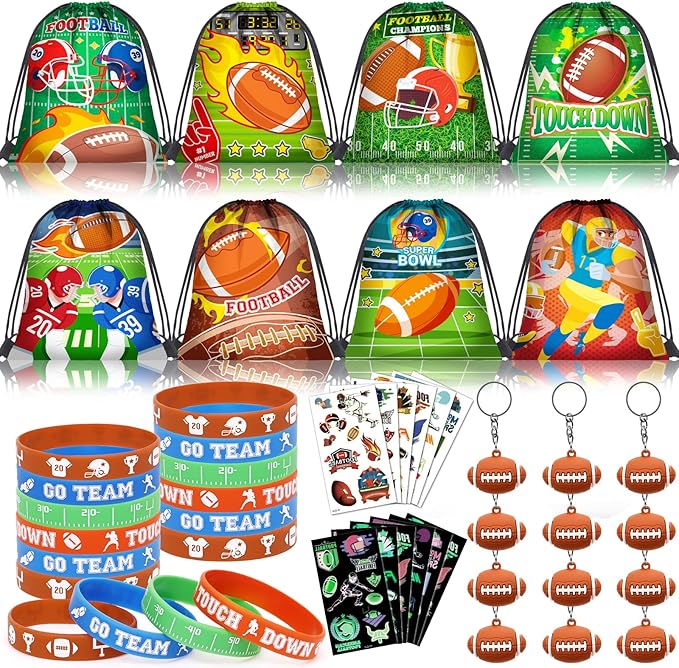 12 Set Football Party Favors Sport Birthday Supplies Drawstring Backpack Silicone Bracelet Keychain Tattoo Sticker Toy Gift Boy Kid Goodie Bag Stuffers Classroom Reward Football Party Supplies