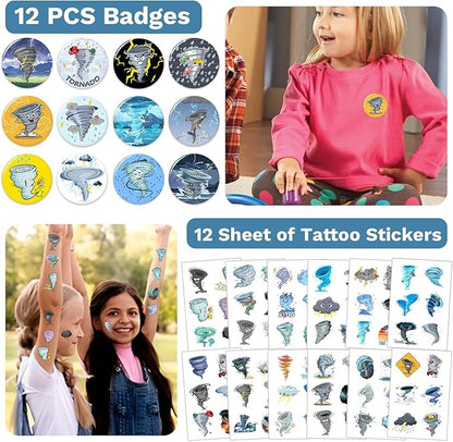 98 PCS Tornado Party Favors, Tornado Temporary Tattoos Slap Bracelets Keychains Stickers Badges for Tornado Birthday Party Decorations Supplies Gifts for Kids Teens Boys Girls Classroom Rewards