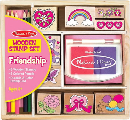 Melissa & Doug Wooden Stamp Set: Friendship - 9 Stamps, 5 Colored Pencils, and 2-Color Stamp Pad - FSC Certified