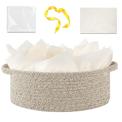 OIAHOMY Gift Basket with Handle, Small Woven Basket with Gift Bag，Ribbon and Wrap Tissue Paper，Nursery Bins Empty to Fill with Small Items, Baby，Pet Toy Organizer - Brown