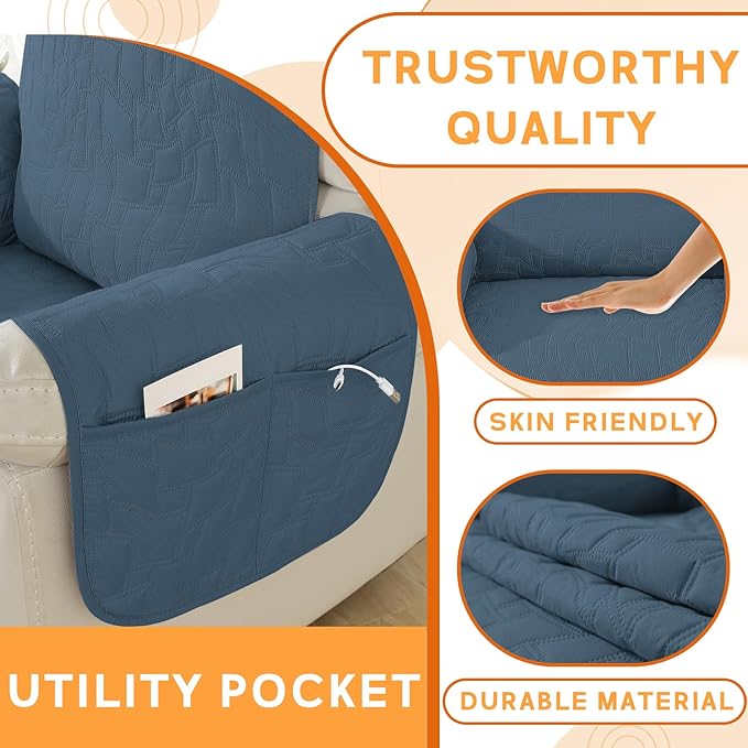 XINEAGE 100% Waterproof Recliner Chair Covers with Elastic Straps, Nonslip Reclining Couch Covers Washable Recliner Couch Cover with Pockets Furniture Protector for Pets Dogs (Berlin Blue, 23")