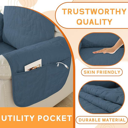 XINEAGE 100% Waterproof Recliner Chair Covers with Elastic Straps, Nonslip Reclining Couch Covers Washable Recliner Couch Cover with Pockets Furniture Protector for Pets Dogs (Berlin Blue, 23")