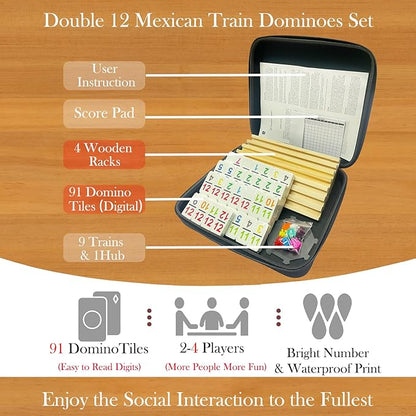 4 Player Games, Mexican Train Dominoes Set with Numbers, 4 Wooden Racks, 91 Tiles, Portable Case, D12 Dominos Set for Adults, Board Game for Adults, Easter Basket Stuffers, Easter Gifts for Men Women
