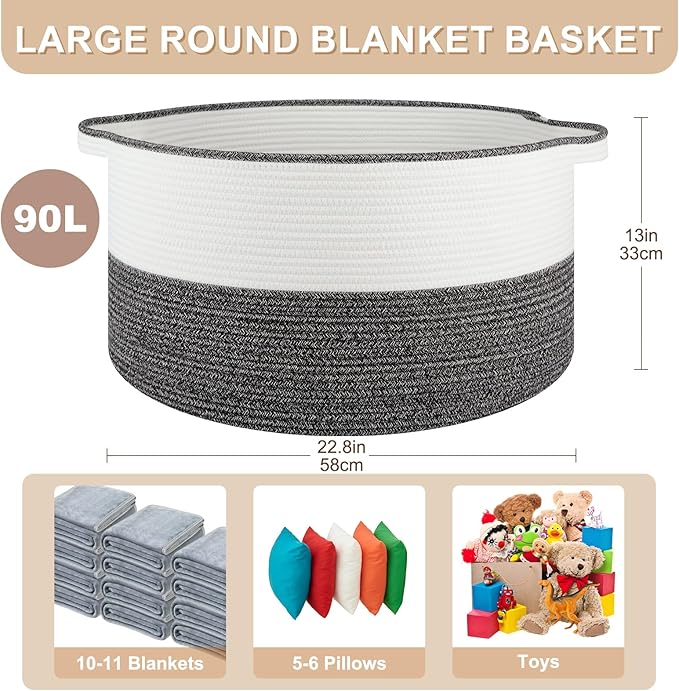 OIASKET Large Blanket Basket with Handles, 22.8" x 22.8" x 13" Woven Storage Basket for Living Room, Cotton Rope Baby Toy Storage for Clothes, Pillows, Towels-Black & White