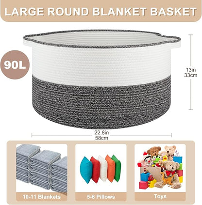 OIASKET Large Blanket Basket with Handles, 22.8" x 22.8" x 13" Woven Storage Basket for Living Room, Cotton Rope Baby Toy Storage for Clothes, Pillows, Towels-Black & White