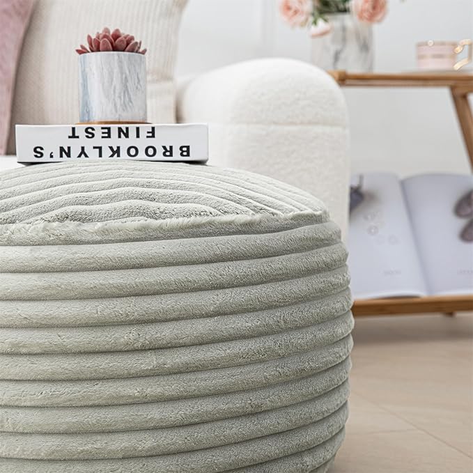 Round Stuffed Pouf Ottoman 20x20x12 Inches Faux Fur Ottoman Foot Rest Under Desk Foot Stool Great for Living Room Bedroom Small Furniture (Light Gray Pouf with Filler)