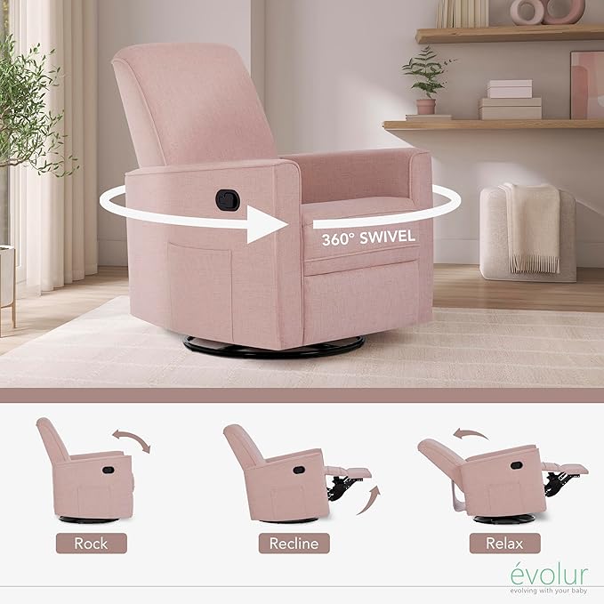 Evolur Raleigh Glider in Rose, Upholstered Plush Seating 360° Swivel Glider Rocking Chair, FSC Certified, Greenguard Gold & JPMA Certified Nursery Glider Recliner