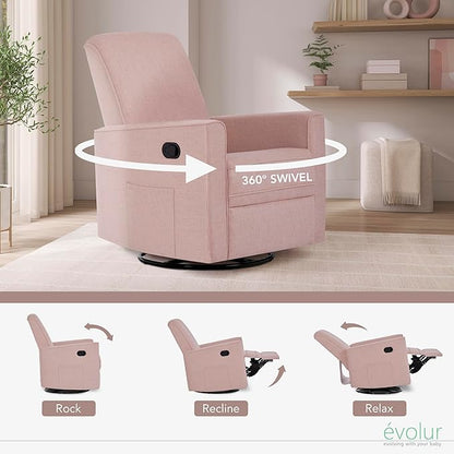 Evolur Raleigh Glider in Rose, Upholstered Plush Seating 360° Swivel Glider Rocking Chair, FSC Certified, Greenguard Gold & JPMA Certified Nursery Glider Recliner