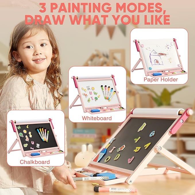 FUNLIO Anti-Warping Tabletop Easel for Kids Ages 3+ (100+ Pcs), Kids Easel with Whiteboard, Chalkboard & Paper Roll, Wooden Double-Sided Magnetic Table Easel with 3 Adjustable Angles, Foldable - Pink