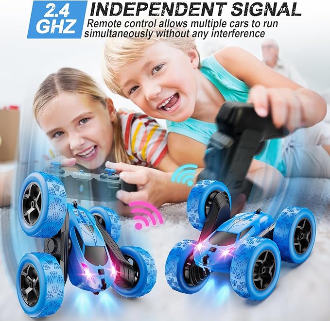 Remote Control Car, RC Cars Toys for Kids Ages 6-12, 4WD Stunt Car with LED Lights & 360° Flips, 2.4GHz, Upgraded USB-C Modular Batteries, 8-10 Year Old Boys 1-Blue