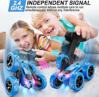 Remote Control Car, RC Cars Toys for Kids Ages 6-12, 4WD Stunt Car with LED Lights & 360° Flips, 2.4GHz, Upgraded USB-C Modular Batteries, 8-10 Year Old Boys 1-Blue