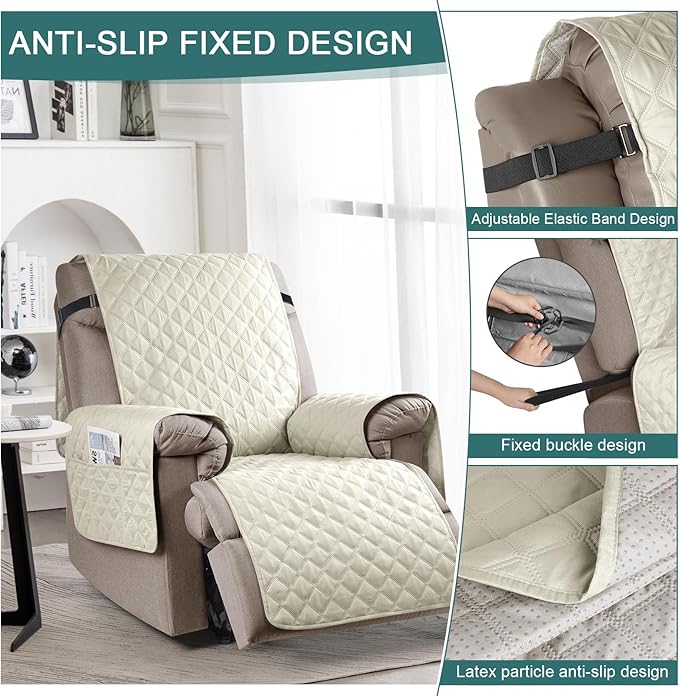 Ruaozz 100% Waterproof Recliner Chair Cover Non-Slip Reclining Cover for Recliner Chair Washable Chair Seat Cover with Elastic Straps for Kids, Dogs, Pets (Ivory, 23'')