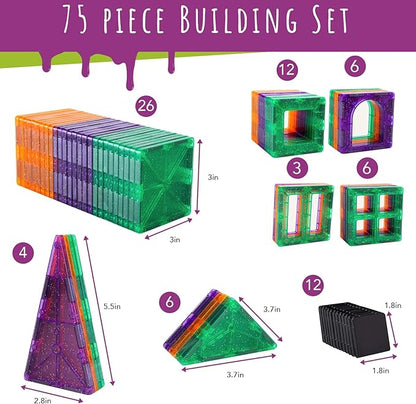 Creepy Archi Tiles - Magnetic Tiles for Kids - Colorful Construction Building Blocks with Bugs, Storage Bag, Stickers, Tweezers - Creative Educational Toys for Toddlers - 100pc Set