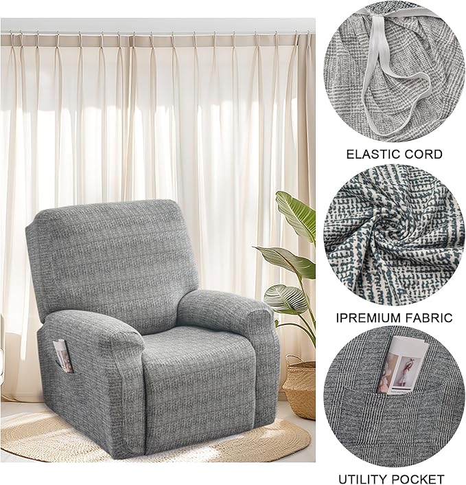 FUANGUI Recliner Chair Cover 4-Pieces Lazyboy Cover for Recliner Chair with Storage Pockets Furniture Protector for Living Room, Jacquard Sofa Slipcover for Kids, Pets, Dog and Cat, 02