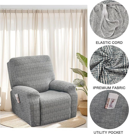 FUANGUI Recliner Chair Cover 4-Pieces Lazyboy Cover for Recliner Chair with Storage Pockets Furniture Protector for Living Room, Jacquard Sofa Slipcover for Kids, Pets, Dog and Cat, 02
