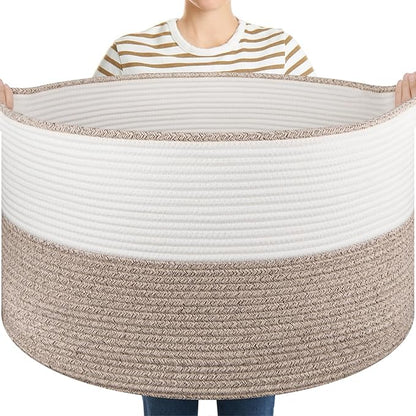 OIASKET Large Blanket Basket with Handles, 22.8" x 22.8" x 13" Woven Storage Basket for Living Room, Cotton Rope Baby Toy Storage for Clothes, Pillows, Towels-Brown & White