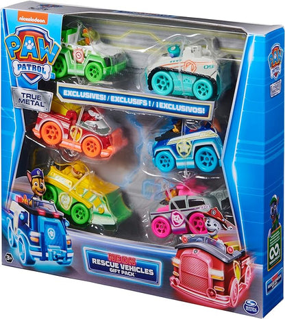 Paw Patrol, True Metal Neon Rescue Vehicle Gift Pack of 6 Collectible Die-Cast Toy Cars, 1:55 Scale, Kids Toys for Boys and Girls Ages 3 and up