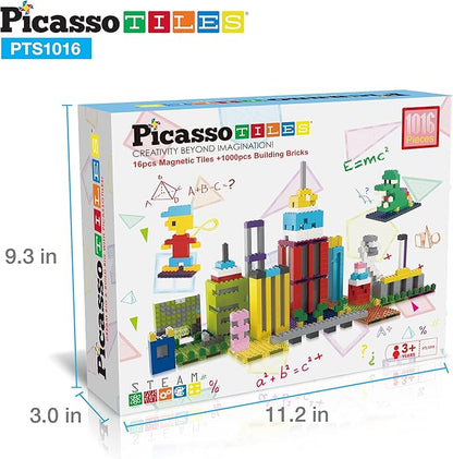 PicassoTiles 1016pcs Magnetic Brick Tile and Building Brick Block Combo Set, Magnetic Tiles, Building Blocks STEM Toys, Educational Preschool Toddler Learning Toys, Kids Activity & Creativity