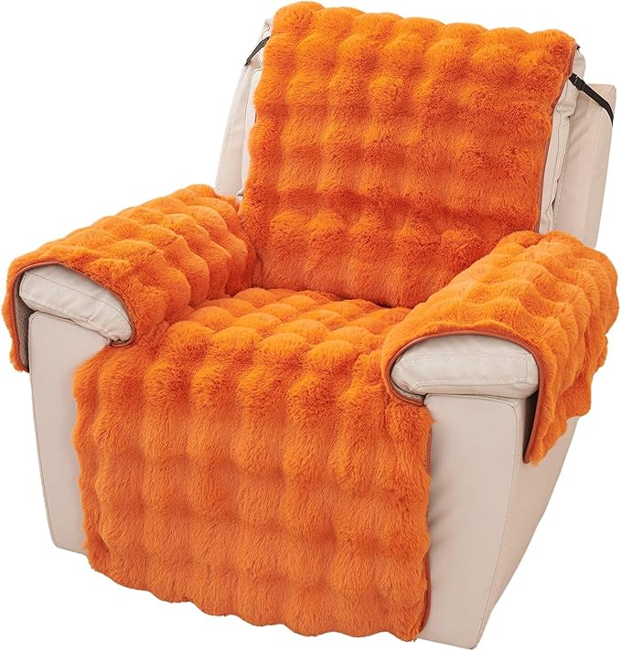 vctops Faux Fur Fluffy Recliner Chair Slipcover Faux Rabbit Fur Non Slip Sofa Cover Super Soft Plush Thick Couch Cover Furniture Protector with Elastic Straps for Kids, Dogs, Pets(Orange,24")
