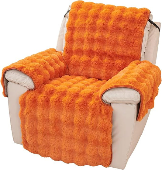 vctops Faux Fur Fluffy Recliner Chair Slipcover Faux Rabbit Fur Non Slip Sofa Cover Super Soft Plush Thick Couch Cover Furniture Protector with Elastic Straps for Kids, Dogs, Pets(Orange,24")