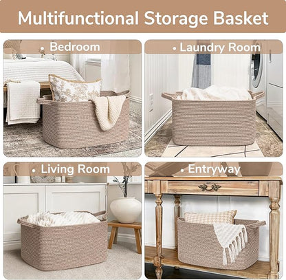 Goodpick Large Woven Storage Basket, 21.6" x 14.9" x 11.8" Blanket Basket for Living Room, Bedroom, Rectangle Rope Storage Organizer for Clothes, Toys, Brown