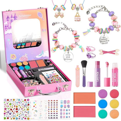Kids Makeup & Jewelry Kit for Girls - Washable Real Cosmetics Set with Bracelet-Making for Children Toddler, Princess Dress-Up Toy, Ideal Winter Birthday Gift for 4-12 Year Olds (Pink)